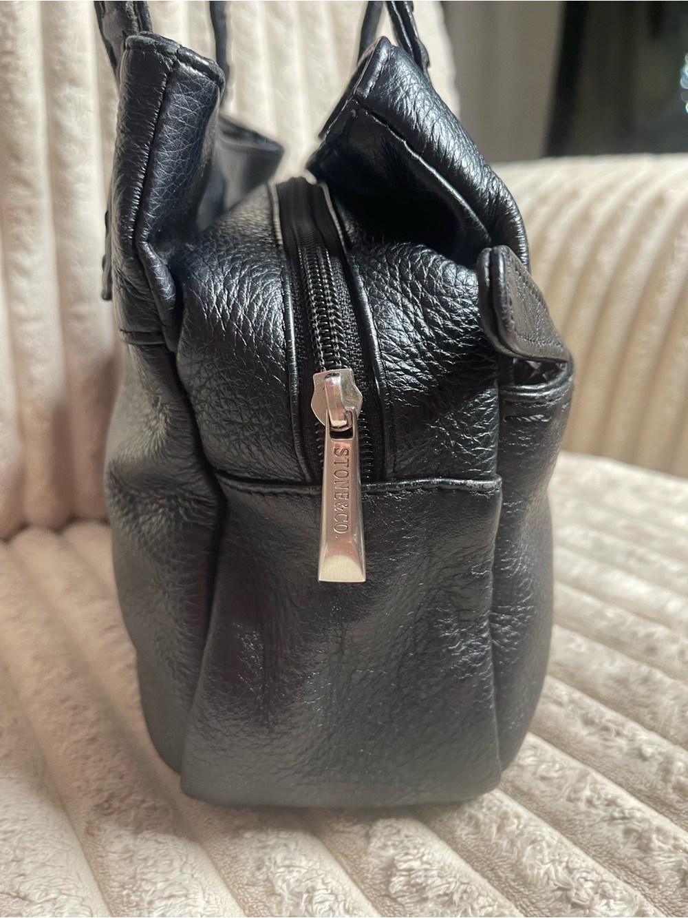 Stone & Co. Black Pebble Leather Shoulder Bag Hand Stitched Tote - Picture 3 of 9